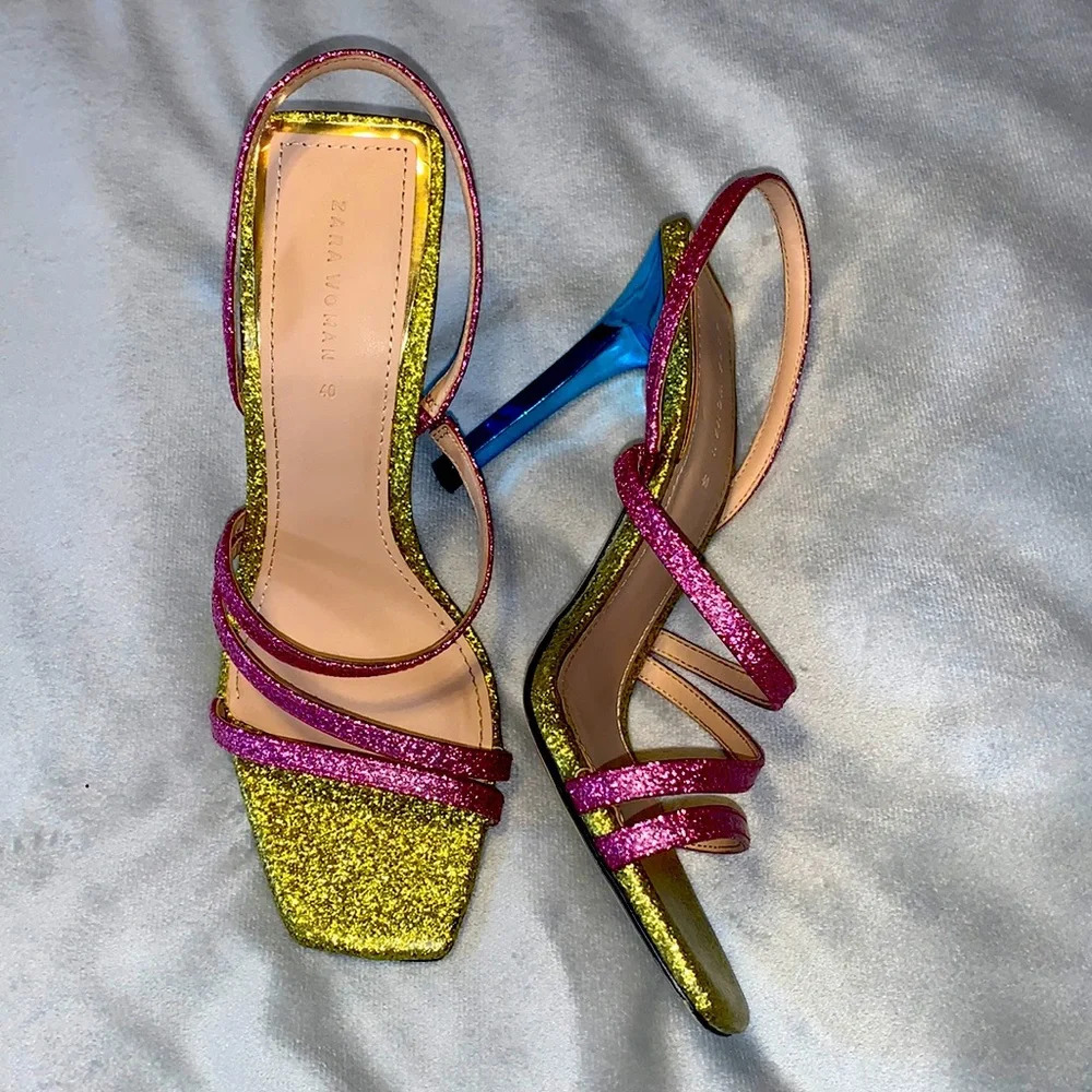 Zara Glitter Multicolor Strappy Heels - Yellow, Pink, Blue